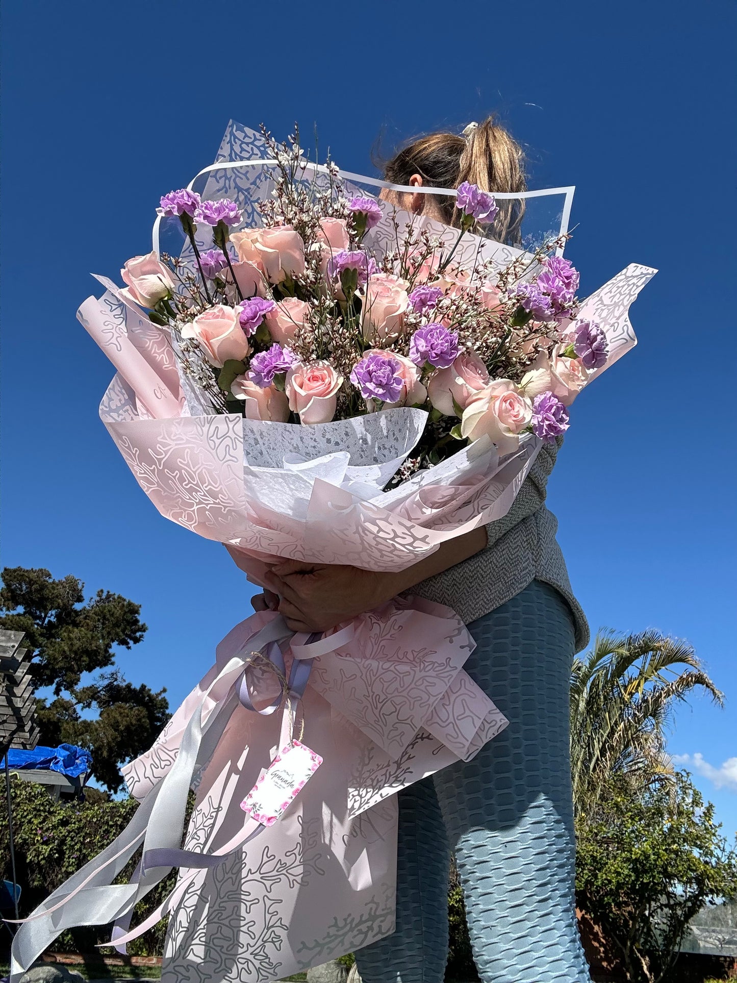 Mix carnations & flowers greenery; hand -tied bouquet love 3 sizes
