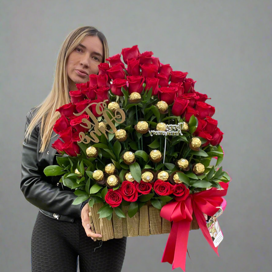 Luxes Red Roses & Ferrero Rocher Gift Basket – Elegant Chocolate & Rose Arrangement for Anniversary, Birthday, or Love Surprise