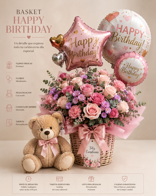 Granada Luxury Flower Basket with Teddy Bear & Balloons | Birthday, Graduation & New Baby Gift San Diego