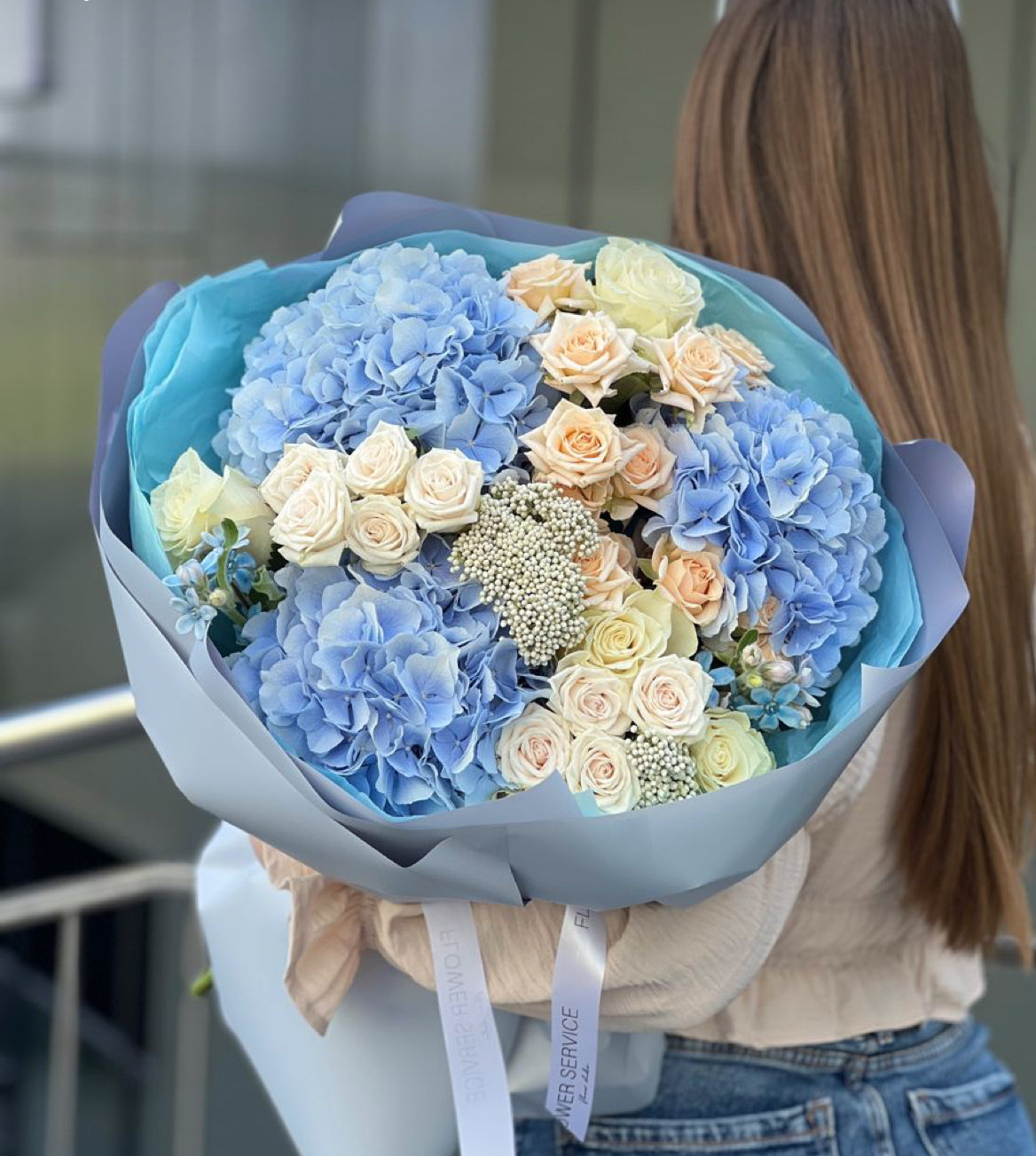 Elegant Russian-Style Flower Arrangement with Hydrangeas, Roses & Seasonal Blooms