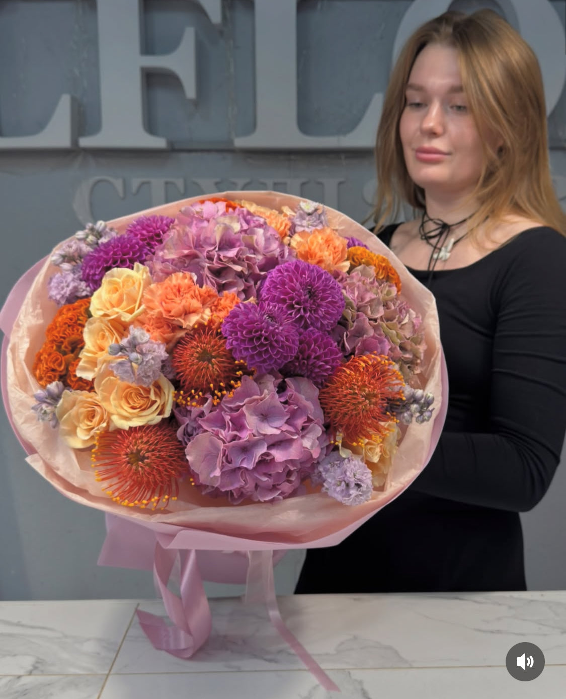 Elegant Russian-Style Flower Arrangement with Hydrangeas, Roses & Seasonal Blooms