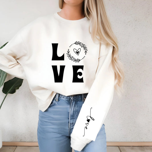 Graphic Love Sweater – Cozy Pullover with Love Sleeve | Available in Blue, White, and Sand