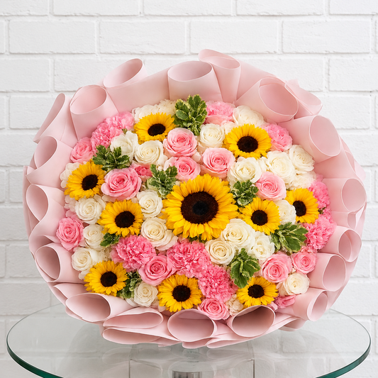 A large round floral bouquet wrapped in pink paper, featuring yellow sunflowers, pink and white roses, and green foliage, displayed on a glass-topped table against a white brick wall.