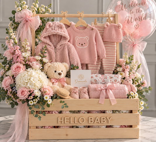 Pink Hello Baby gift crate with pink bear sweater and striped baby pants, flowers and teddy bear