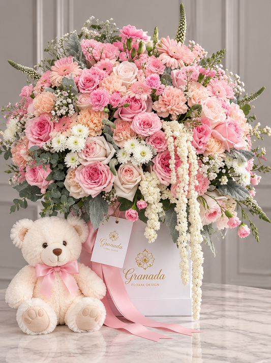 Pink baby welcome luxury floral box with teddy bear Granada San Diego