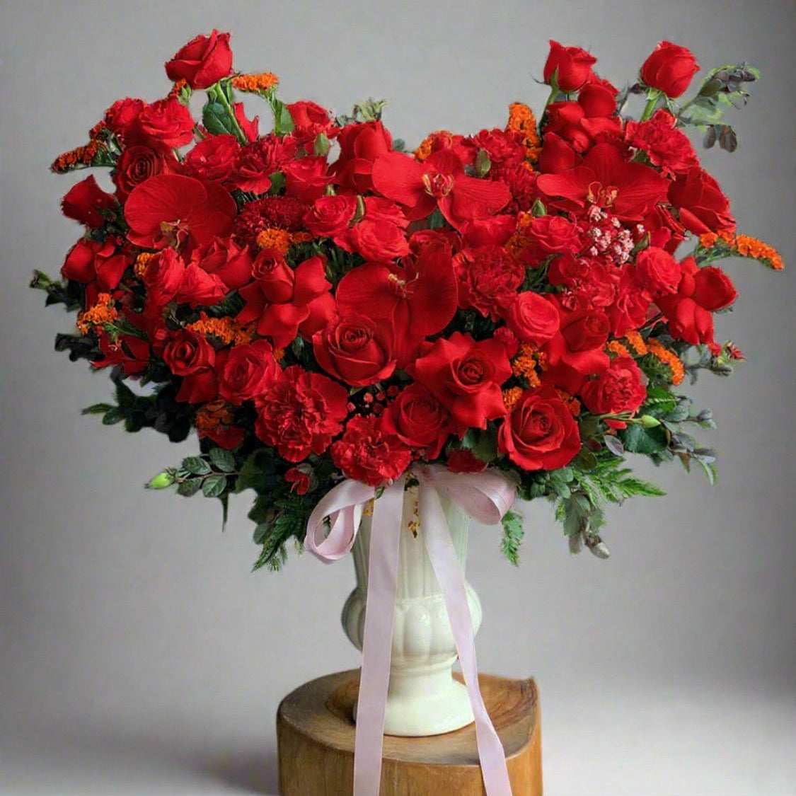 Luxury Romantic Floral Arrangement – Roses, Orchids & Roman Vase