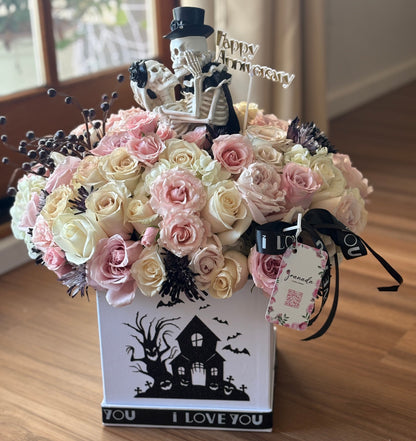 Halloween Anniversary Flower Box – Romantic Skeleton Couple with Roses & Hydrangeas | Luxury Gothic Floral Arrangement by Granada Floral San Diego