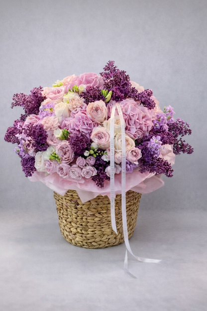 Luxury Pink & Lavender Flower Basket – Premium Roses & Hydrangeas | Same Day Delivery San Diego
