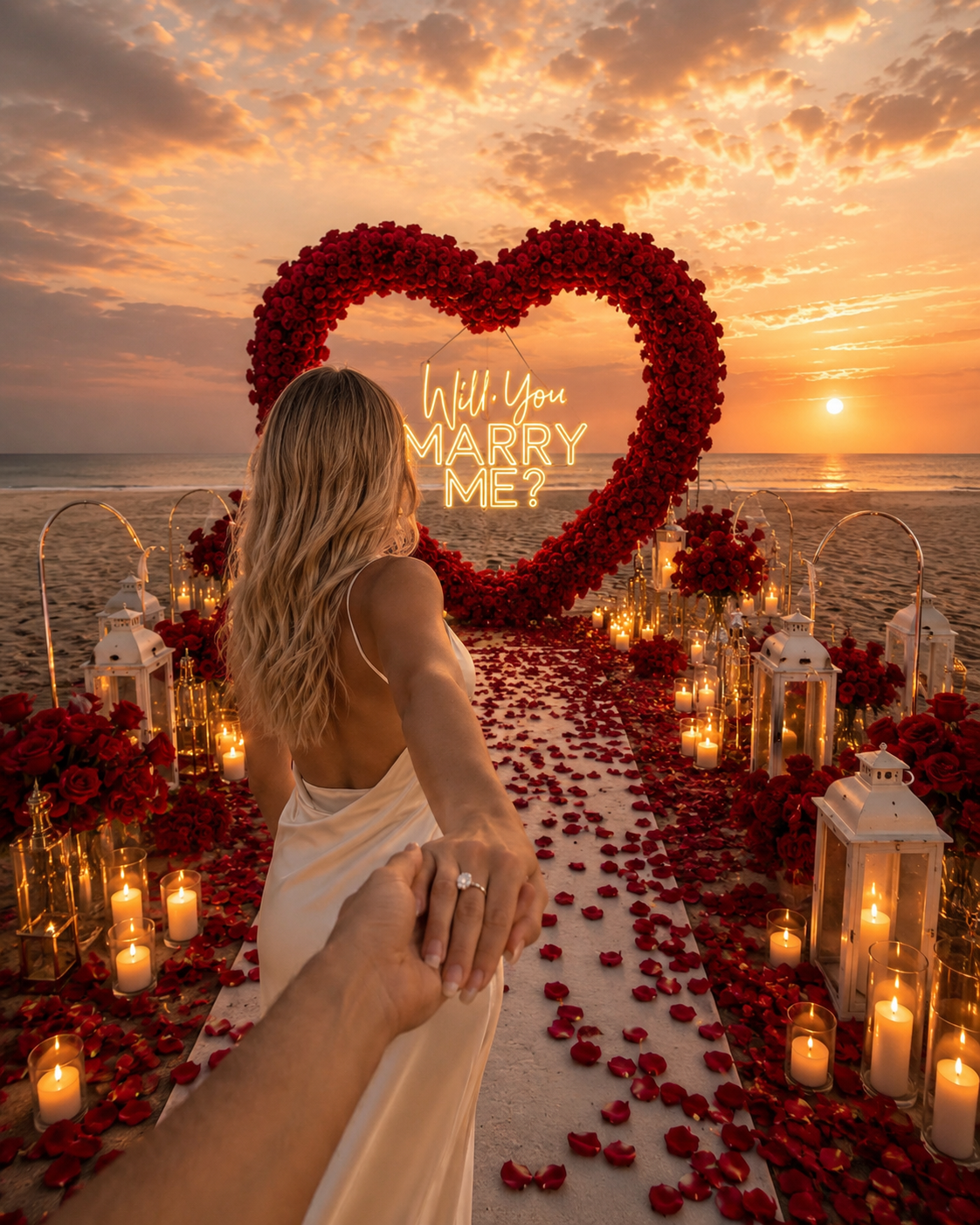 Luxury beach sunset proposal with red rose heart arch, candles, rose petals and Will You Marry Me neon sign – Granada Floral San Diego
