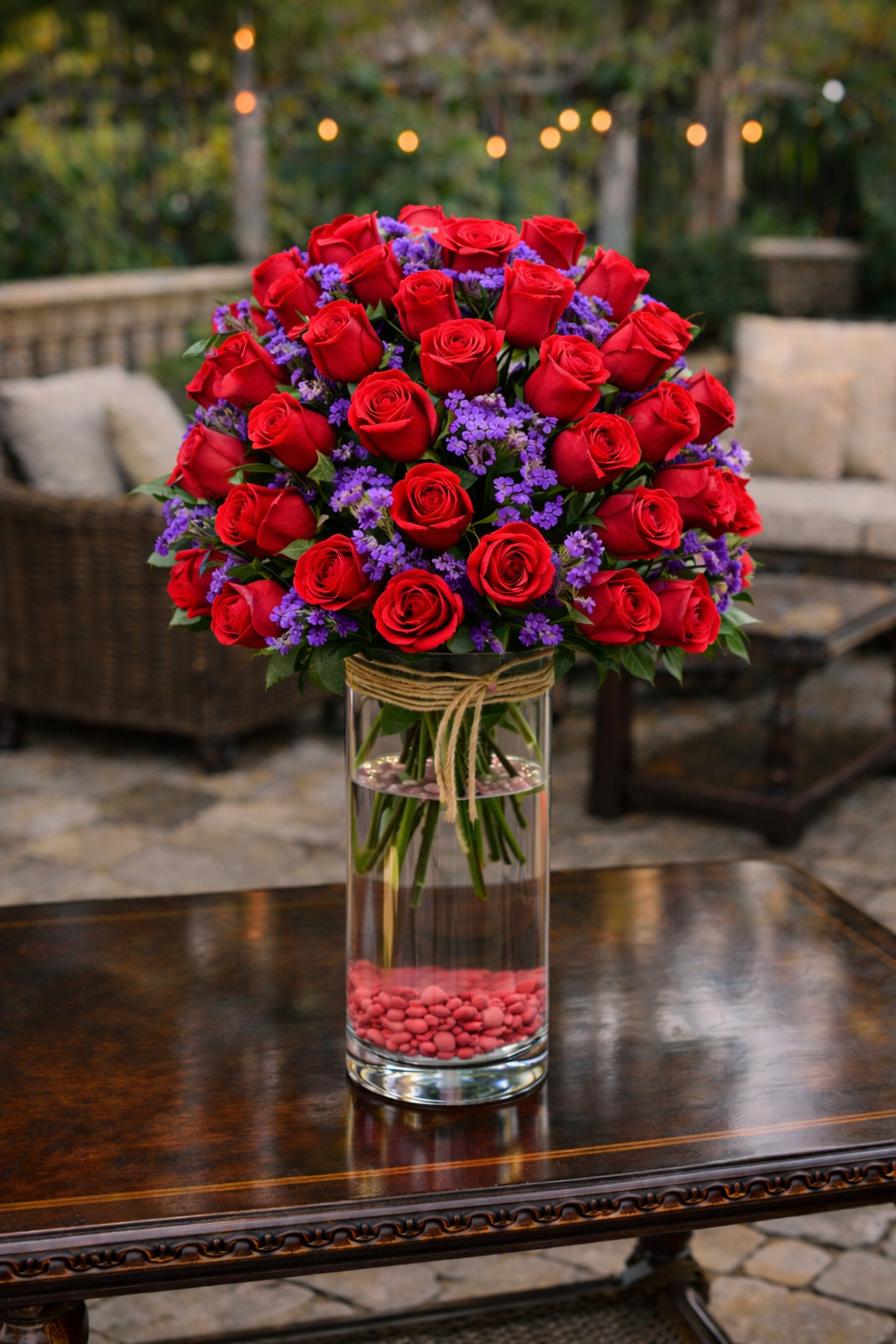 Bouquet of red roses and purple flowers in a clear vase on a wooden table outdoors.
