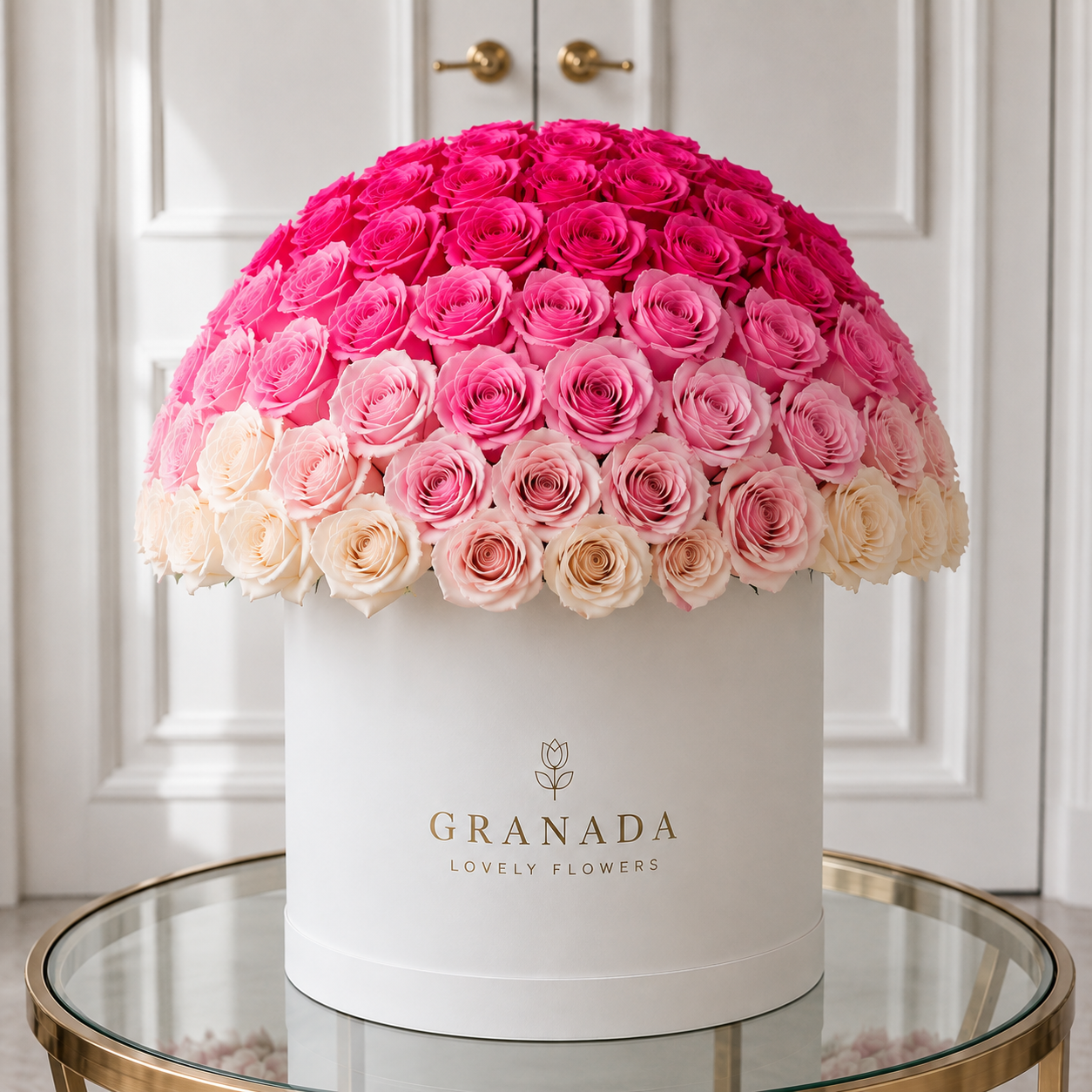 Ombré Rose Dome Box San Diego | 200+ Roses in Signature White Hatbox – Granada Floral