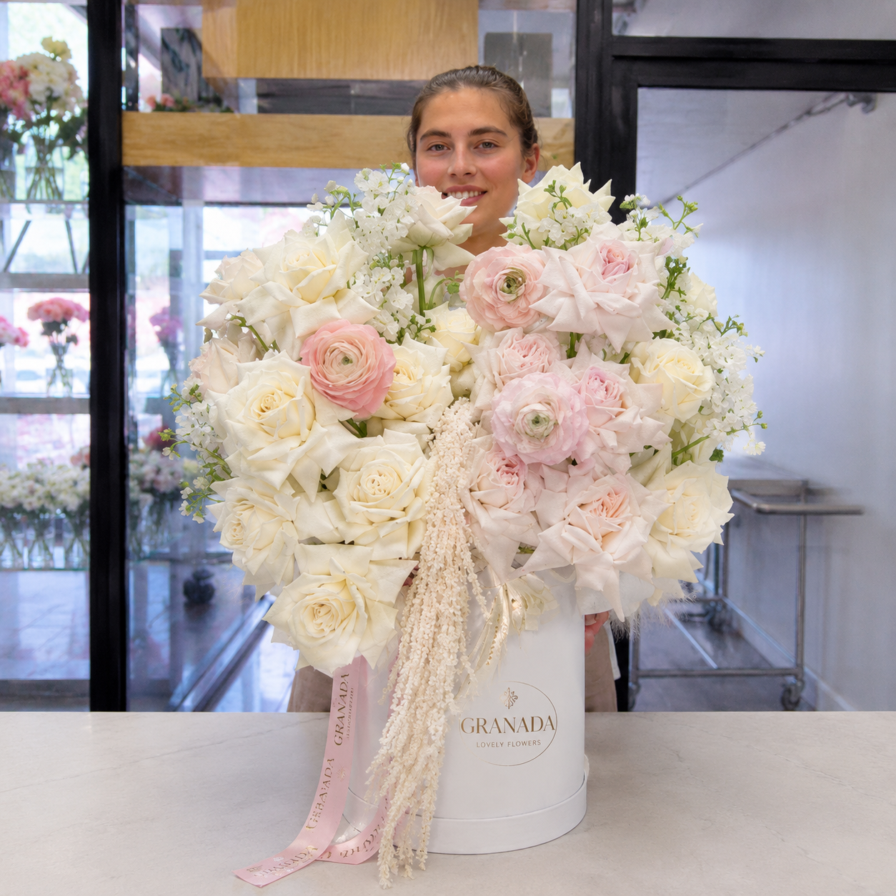 White Romance Premium Flower Box | Roses, Ranunculus & Garden Roses | San Diego