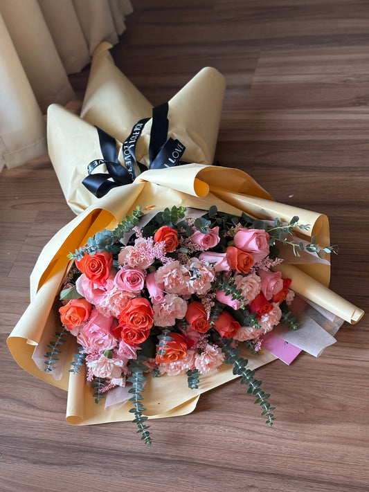 Mix carnations  & flowers greenery; hand -tied bouquet love 3 sizes