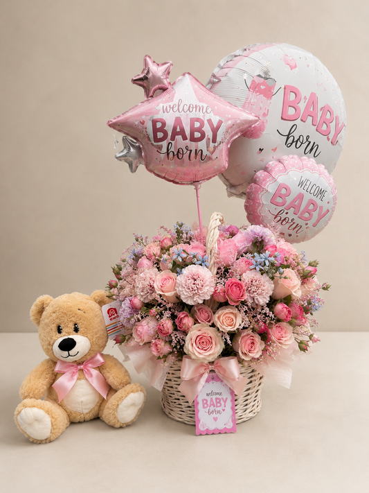 Baby Girl flower basket with teddy bear and balloons