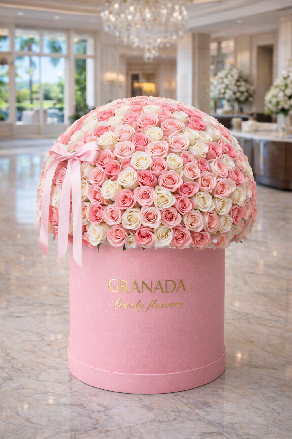 Pink and white flower arrangement in a decorative box with 'GRANADA' branding in a luxurious interior setting.