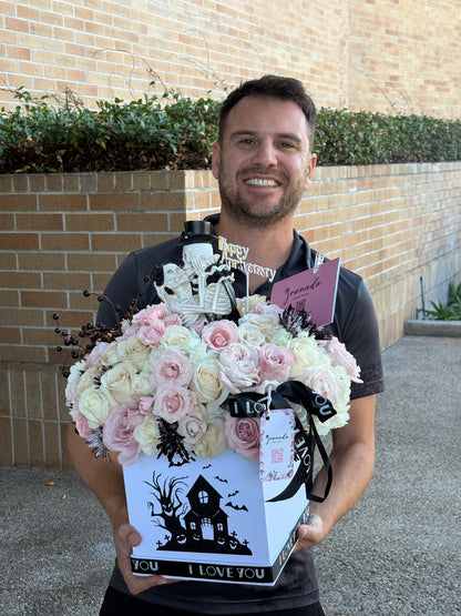 Halloween Anniversary Flower Box – Romantic Skeleton Couple with Roses & Hydrangeas | Luxury Gothic Floral Arrangement by Granada Floral San Diego