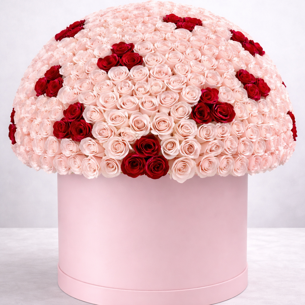Pink and red rose arrangement in a pink box on a white background