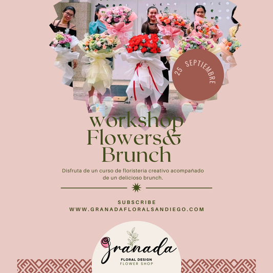 Advertisement for a workshop on flowers and brunch with people holding bouquets and a pink background.