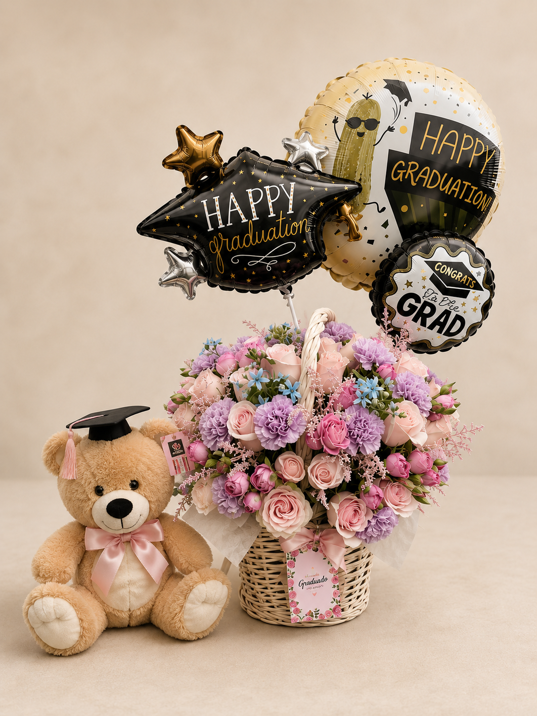 Granada Luxury Flower Basket with Teddy Bear & Balloons | Birthday, Graduation & New Baby Gift San Diego