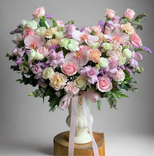 Luxury Romantic Floral Arrangement – Roses, Orchids & Roman Vase