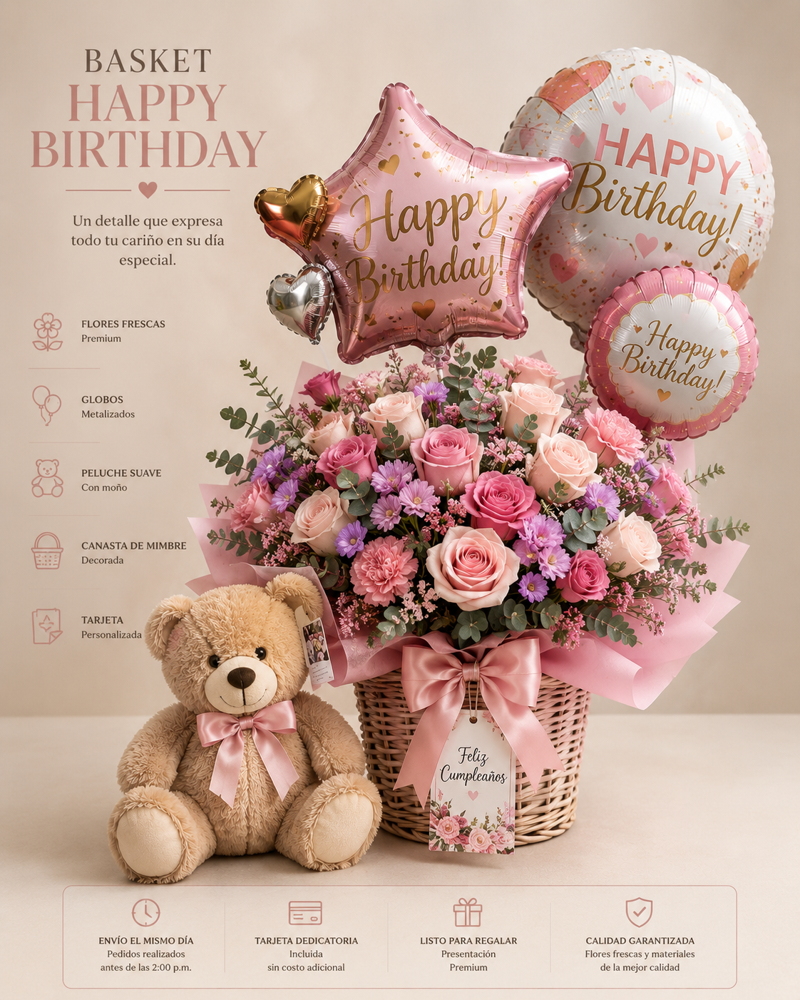 Granada Luxury Flower Basket with Teddy Bear & Balloons | Birthday, Graduation & New Baby Gift San Diego