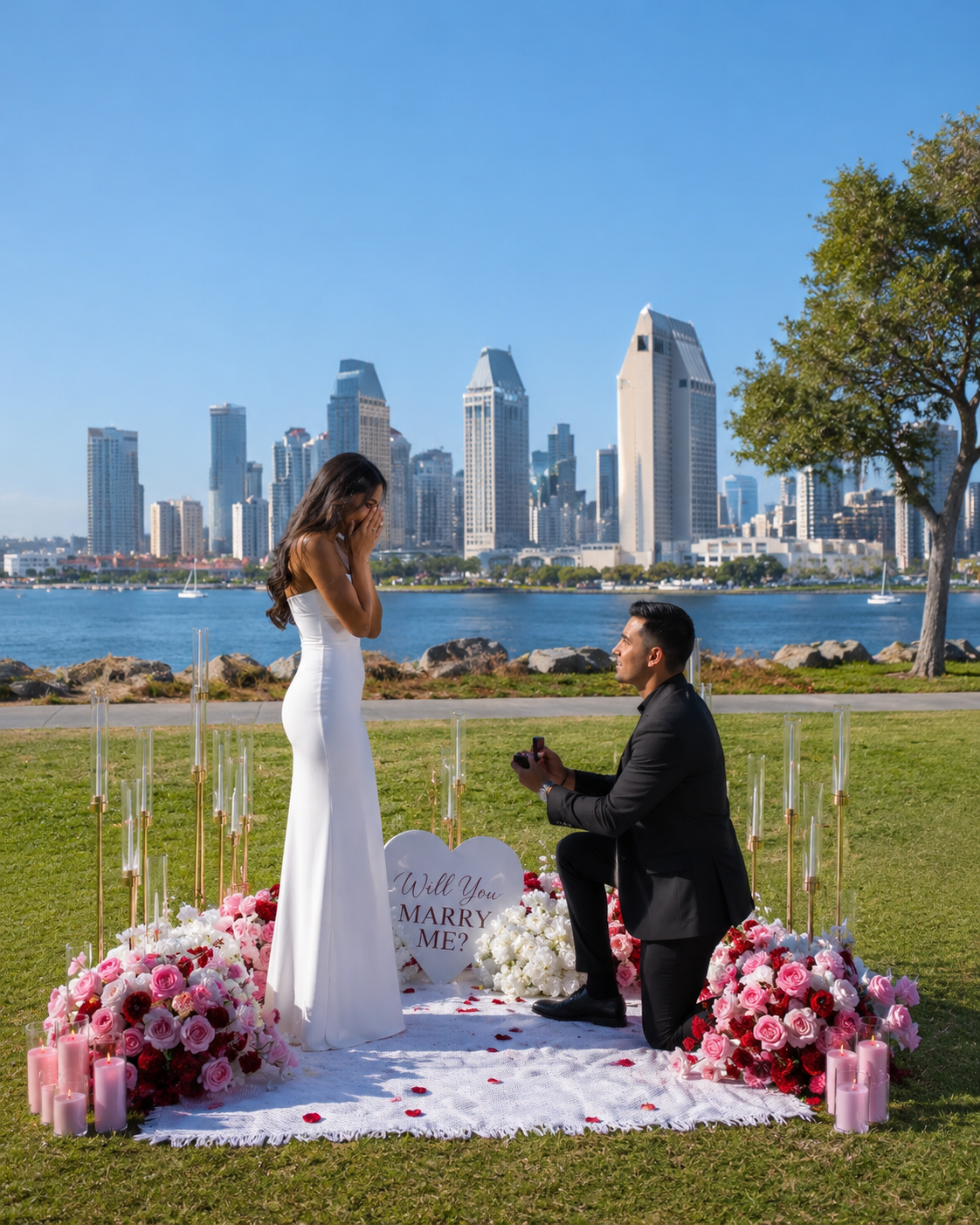Luxury proposal setup with pink and red roses, gold candle stands and Will You Marry Me sign – San Diego skyline view by Granada Floral
