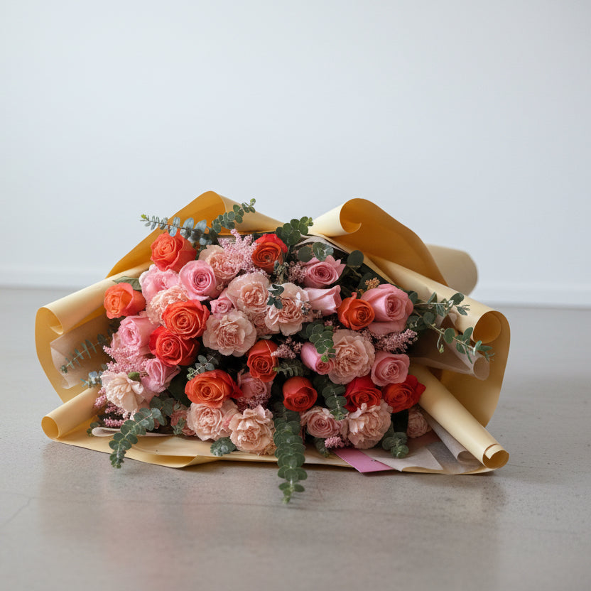 Mix carnations  & flowers greenery; hand -tied bouquet love 3 sizes