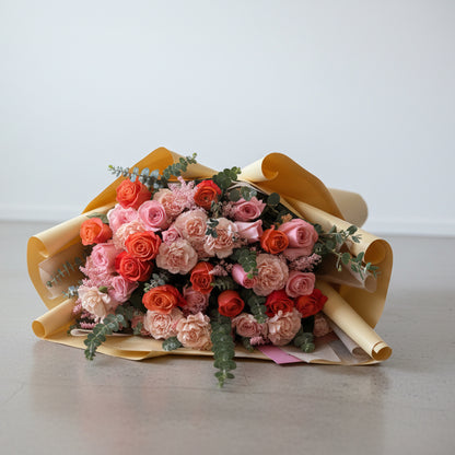 Mix carnations  & flowers greenery; hand -tied bouquet love 3 sizes