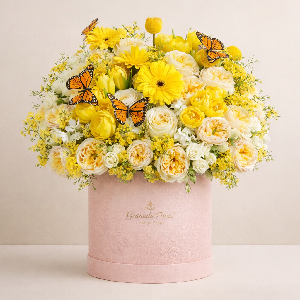 Luxury Yellow Flower Box – Spring Birthday Roses Arrangement | Same Day Delivery San Diego