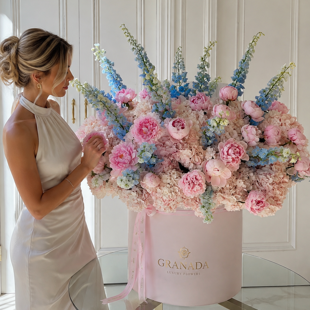 A woman in a sleeveless cream dress stands beside a large floral arrangement in a round pink box labeled GRANADA, placed on a glass-topped table in a bright indoor setting with white paneled doors behind.