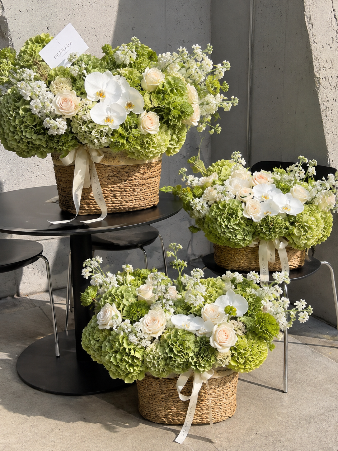 Garden Basket – Green Hydrangea, Rose & Orchid Arrangement