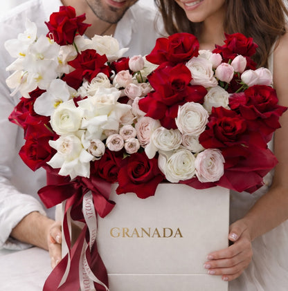 Granada Luxury Rose Box — Red Roses, White Orchids & Blush Ranunculus | Premium Flower Box San Diego
