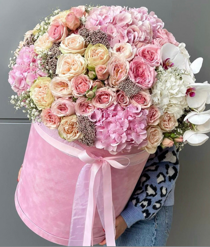 Elegant pastel roses and orchids flower box gift for birthday or anniversary