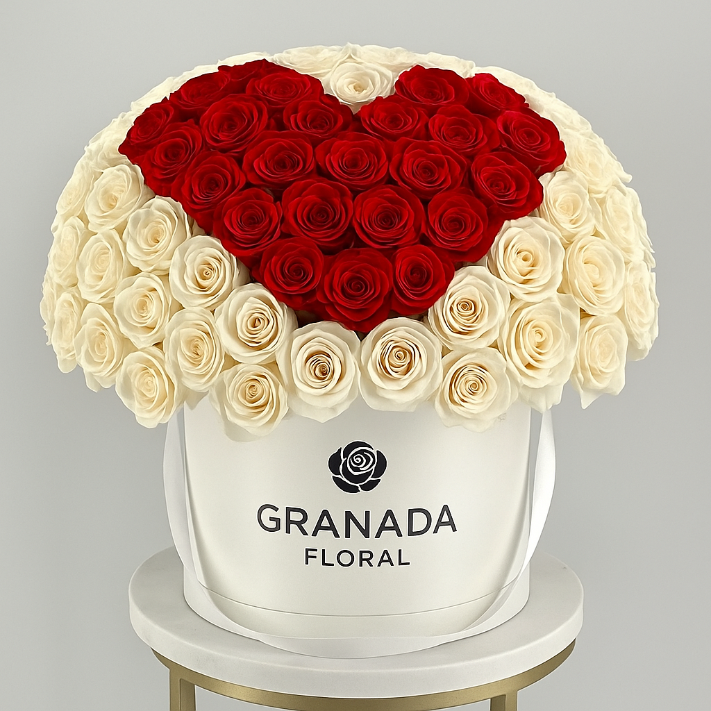 Luxury Heart-Shaped Rose Box – Red & White Roses