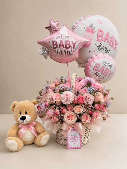 Granada Luxury Flower Basket with Teddy Bear & Balloons | Birthday, Graduation & New Baby Gift San Diego
