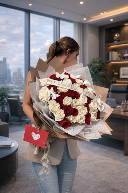 Granada Unique Bicolor Bouquet | Red & White Premium Roses | San Diego