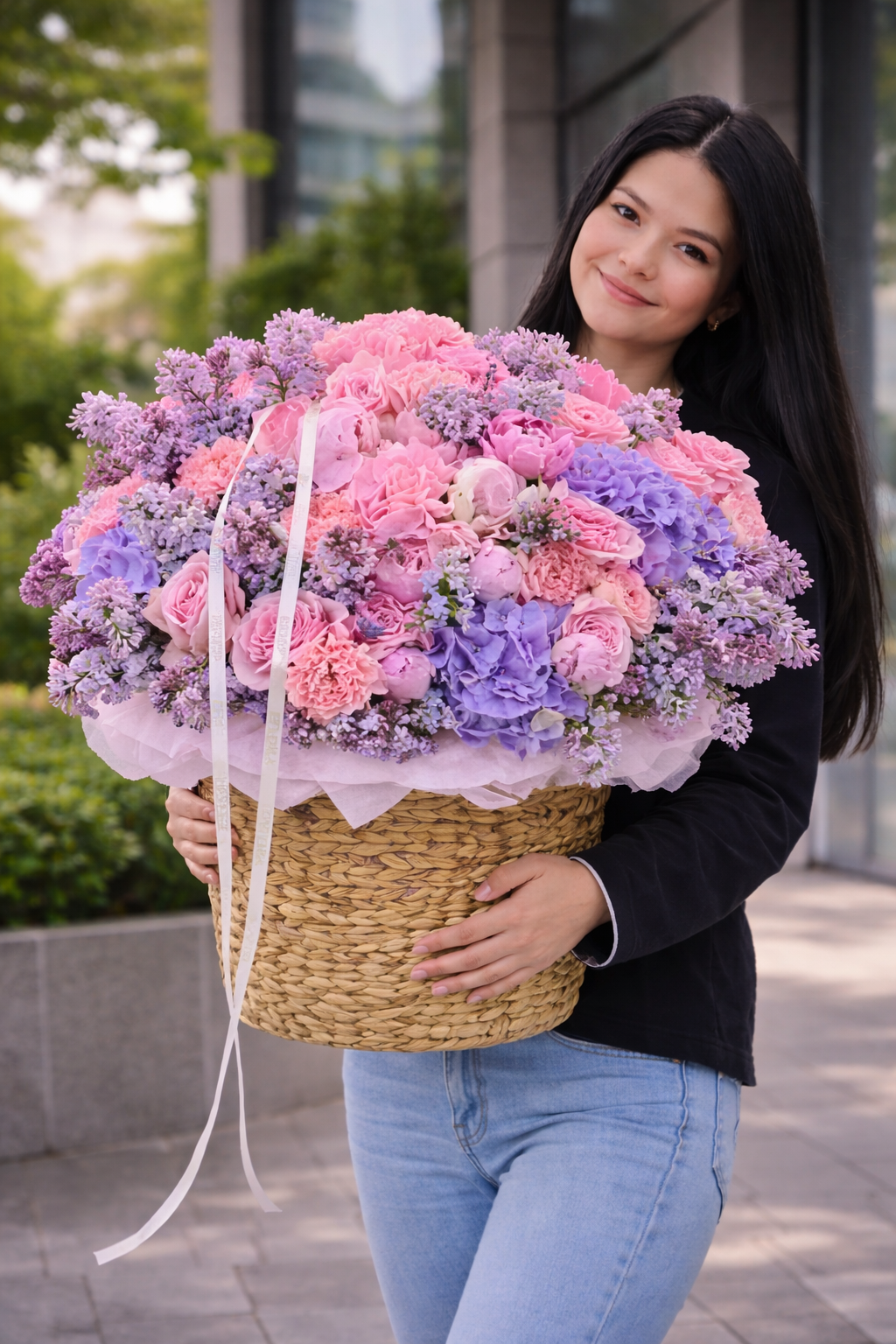 Luxury Pink & Lavender Flower Basket – Premium Roses & Hydrangeas | Same Day Delivery San Diego