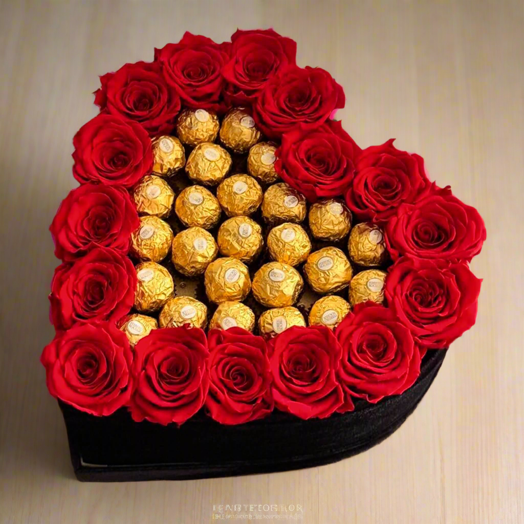 Luxury Heart Box with Red Roses & Ferrero Rocher Chocolates