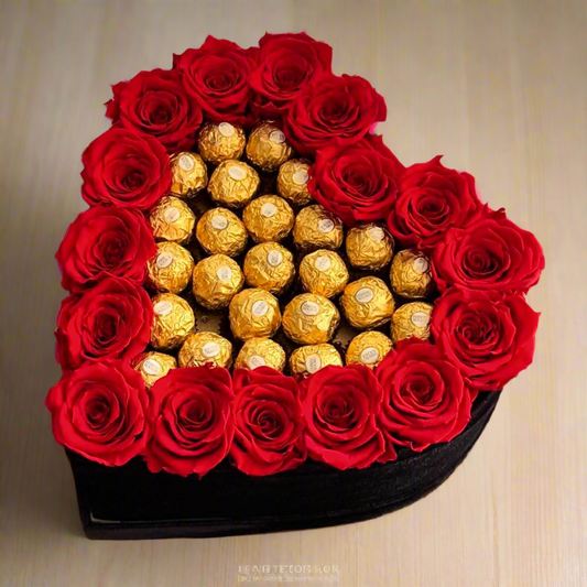 Luxury Heart Box with Red Roses & Ferrero Rocher Chocolates