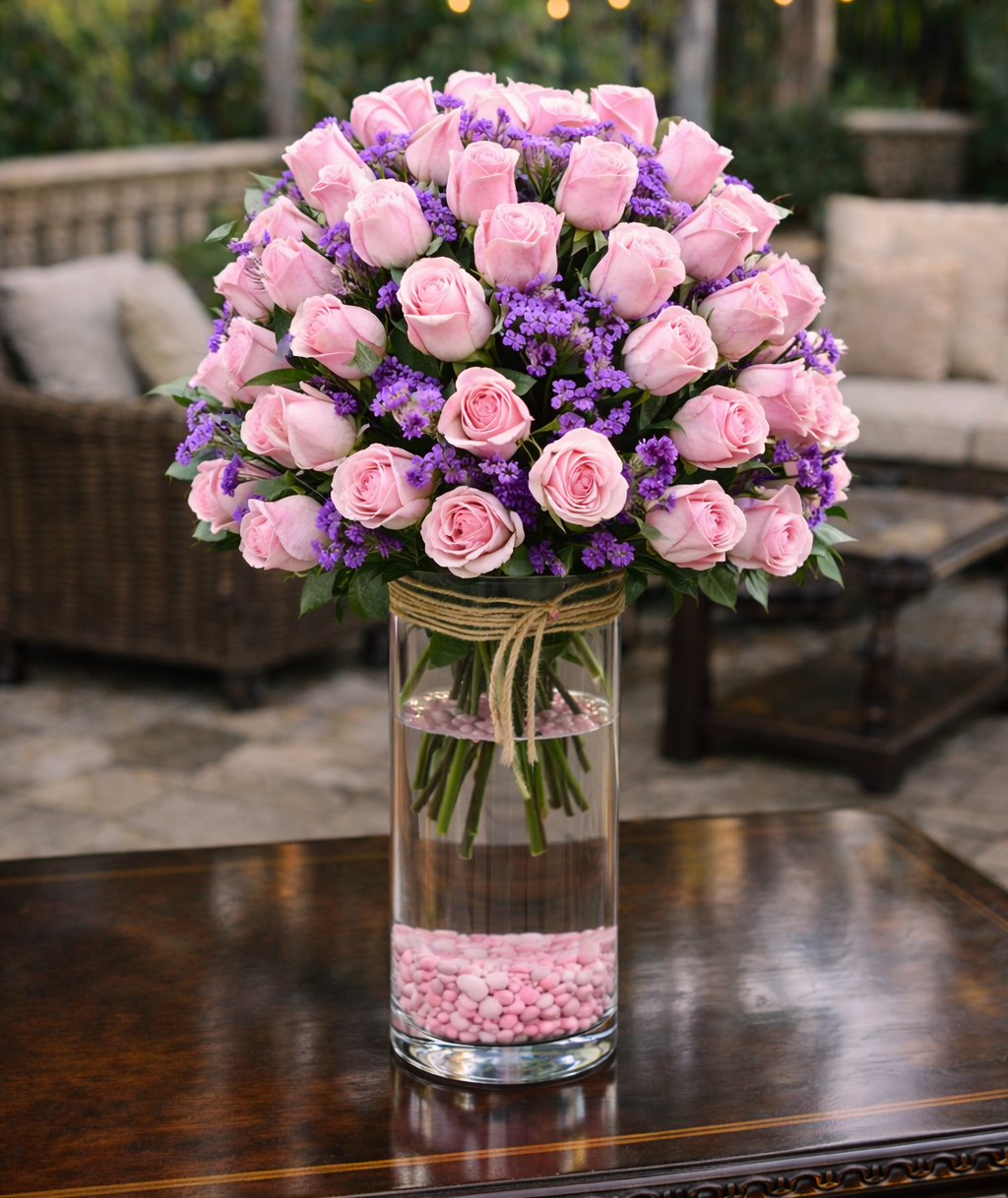 Luxury white rose arrangement in tall glass cylinder vase with decorative stones, handcrafted in San Diego.