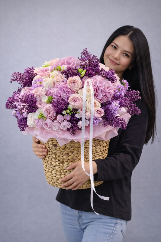 Luxury Pink & Lavender Flower Basket – Premium Roses & Hydrangeas | Same Day Delivery San Diego