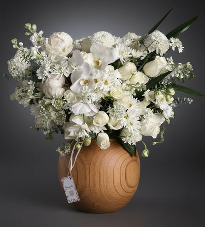 Rustic Luxury Orchid & Rose Designer Arrangement | Wooden Vase | San Diego Same-Day Flower Delivery | Granada Floral bowl