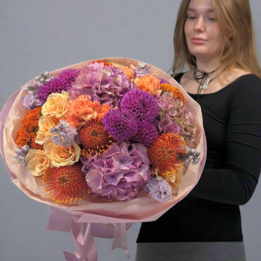 Elegant Russian-Style Flower Arrangement with Hydrangeas, Roses & Seasonal Blooms