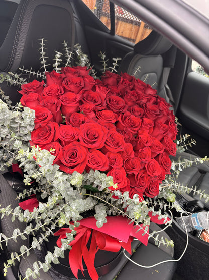 Red Rose Hatbox Arrangement with Eucalyptus