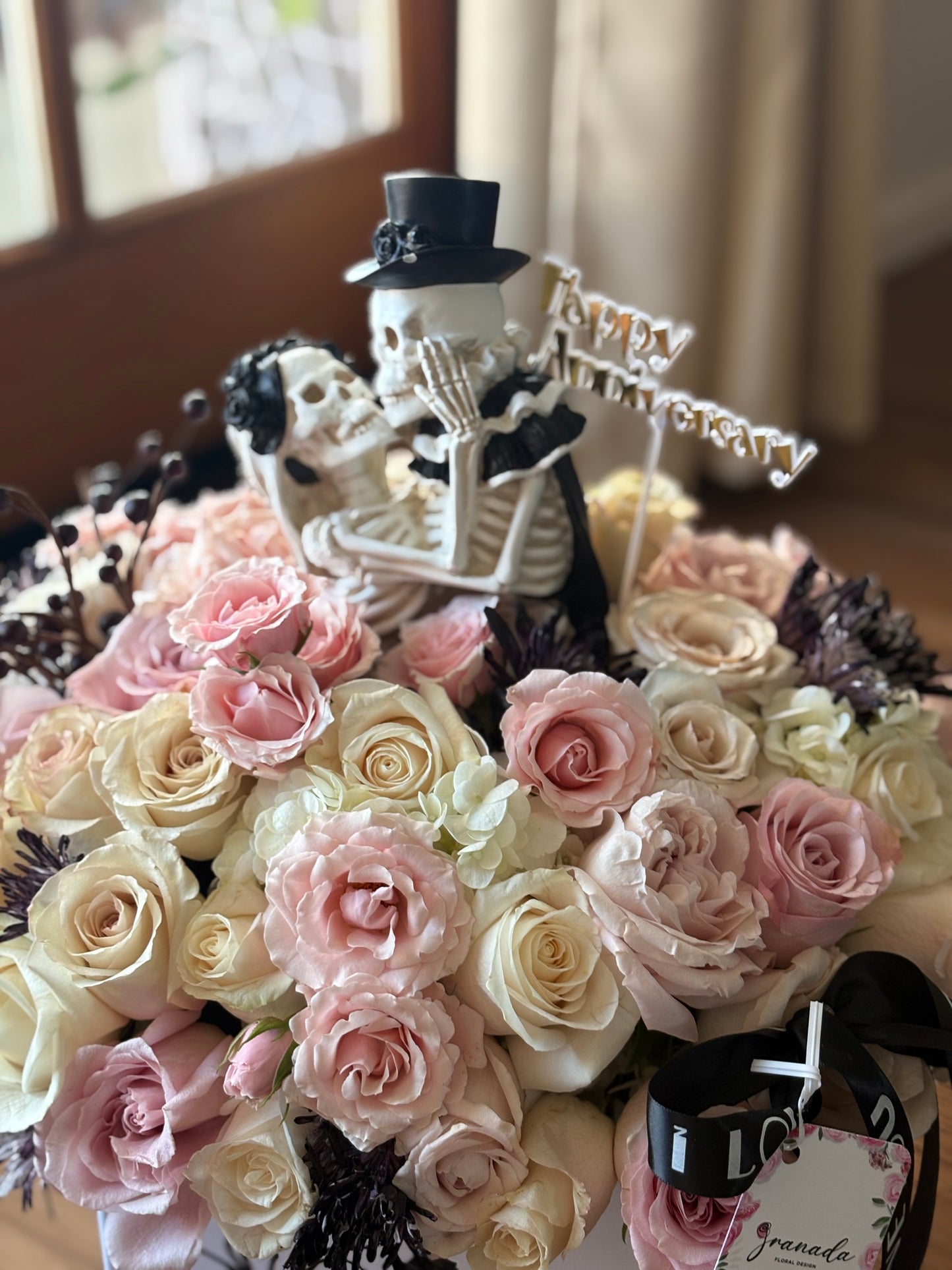 Halloween Anniversary Flower Box – Romantic Skeleton Couple with Roses & Hydrangeas | Luxury Gothic Floral Arrangement by Granada Floral San Diego