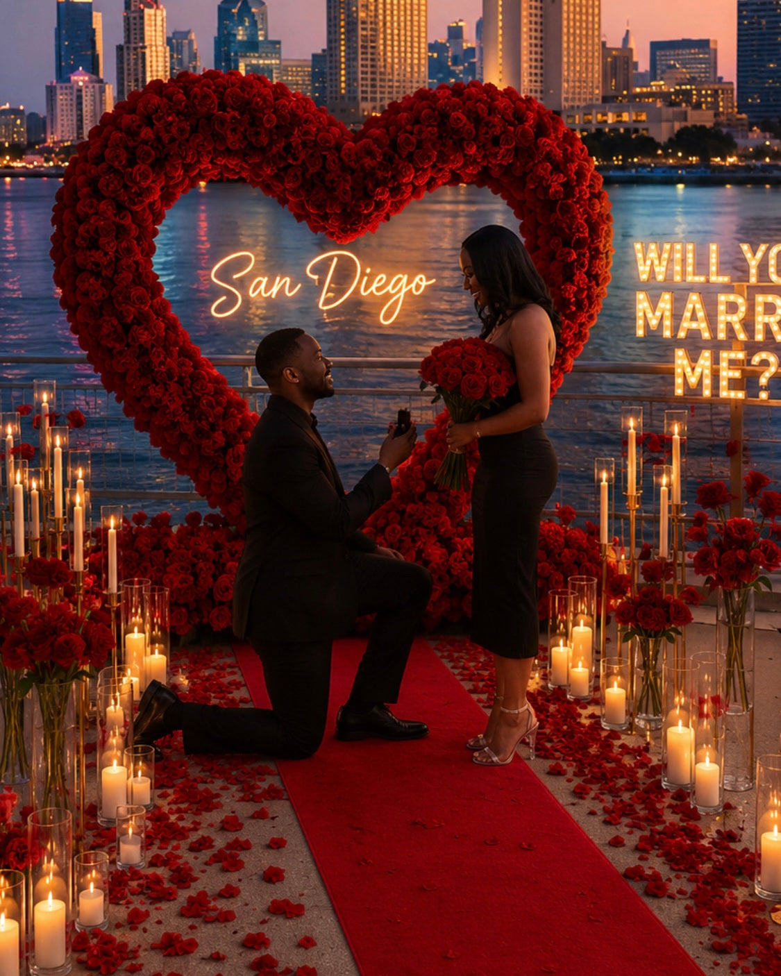 Luxury Silver Proposal with red rose heart arch, candles and San Diego skyline at night – Granada Floral Design