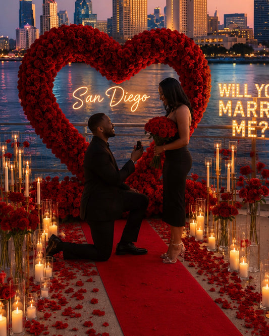 Luxury Silver Proposal with red rose heart arch, candles and San Diego skyline at night – Granada Floral Design