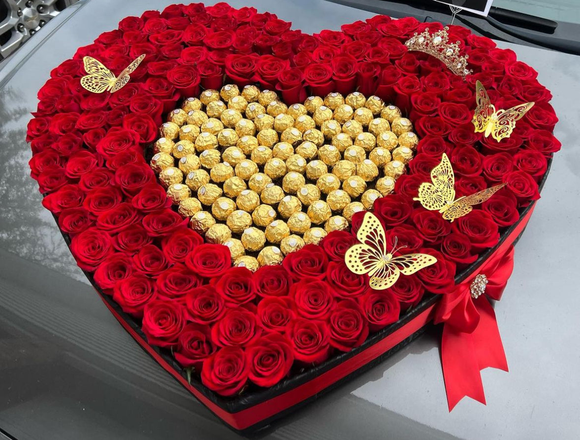 Luxury Heart Box with Red Roses & Ferrero Rocher Chocolates