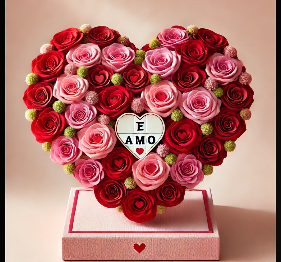 A luxurious heart-shaped floral arrangement designed with vibrant pink and red roses, accented by soft white hydrangeas, featuring a personalized message sign that reads 'Te Amo.' The arrangement is set on a sleek square base in pastel pink, with lush green foliage