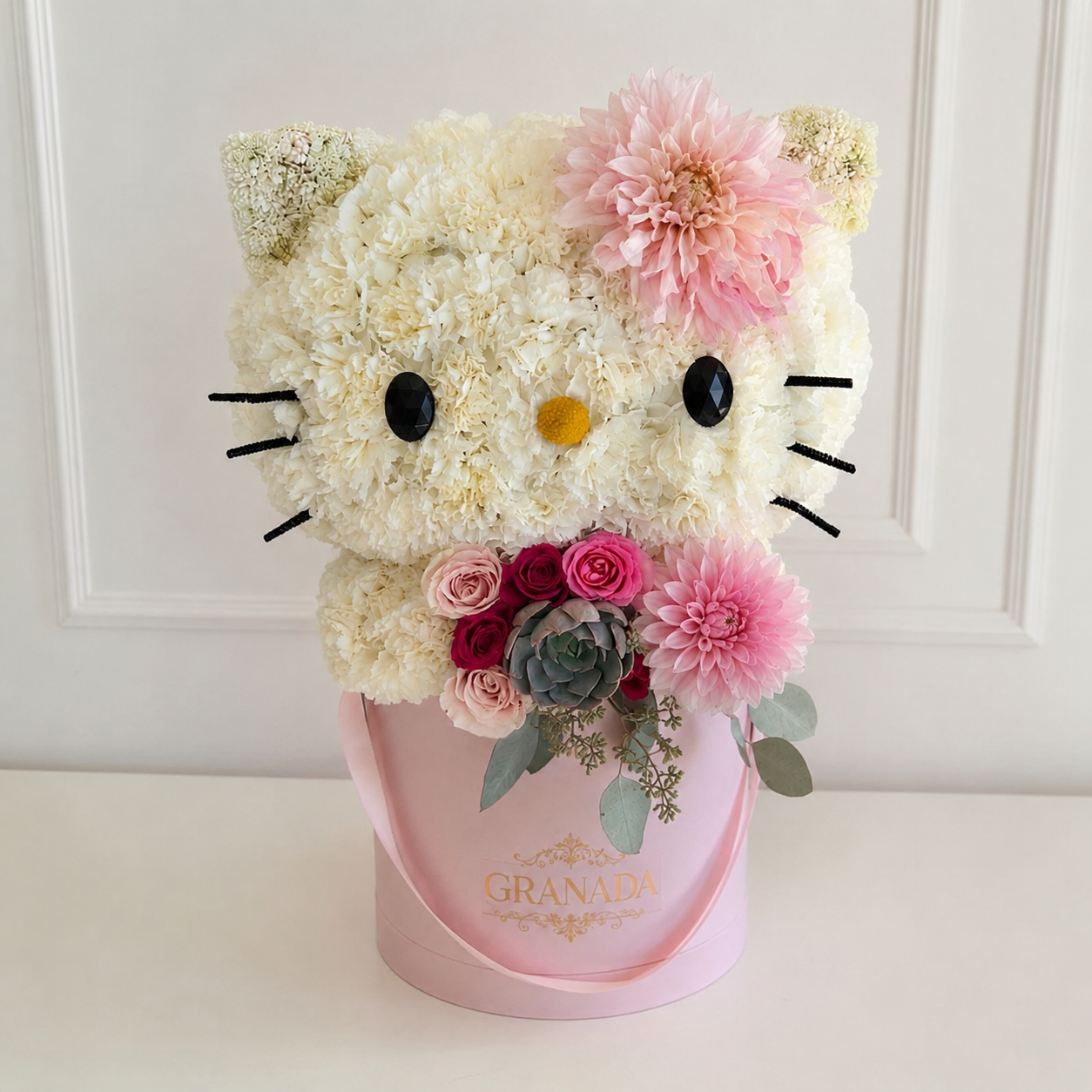 Hello Kitty floral arrangement in Granada pink hatbox